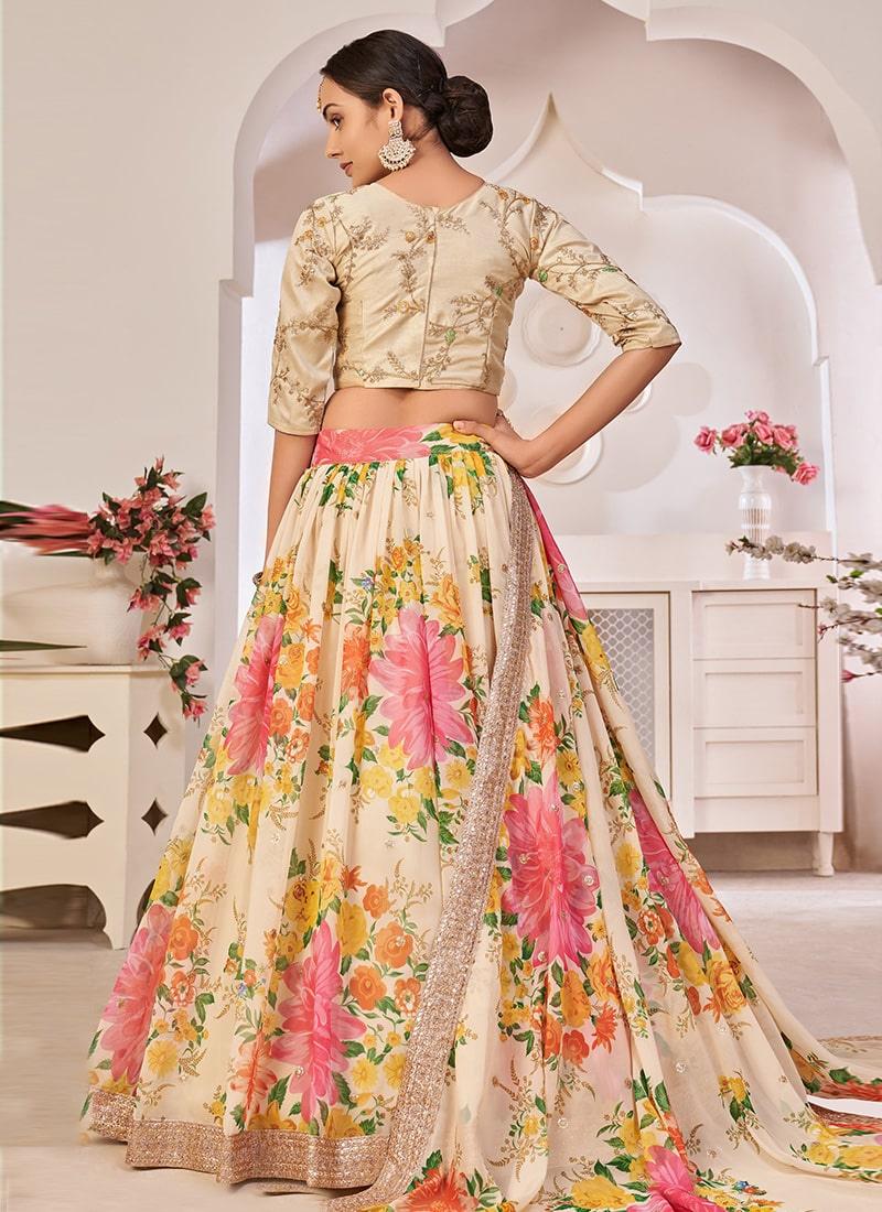 Cream Color Georgette Material Floral Print Lehenga Wide Range Of Cheap Online