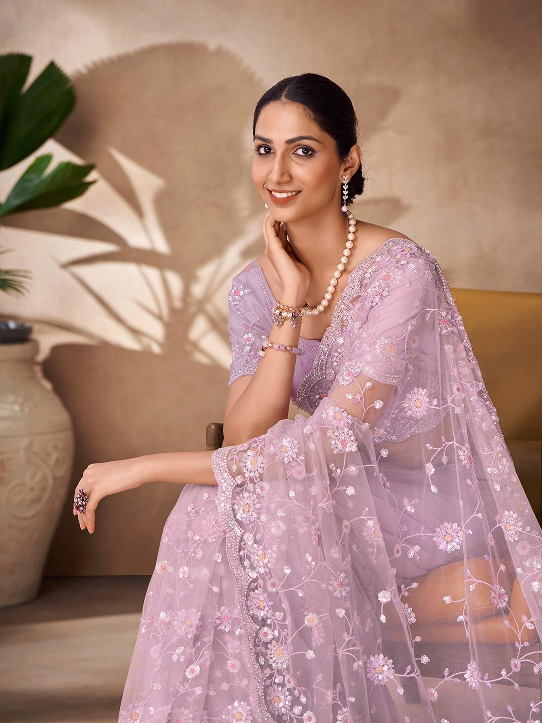 Net base Lilac color with zarkan and thread work saree Collections Cheap Online