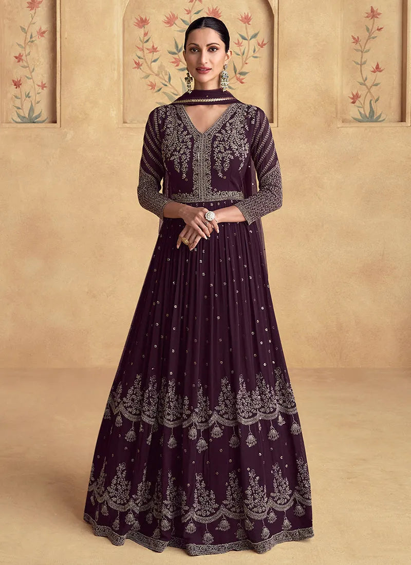 Beautiful Deep Purple Embroidered Georgette Anarkali Gown Free Shipping Original