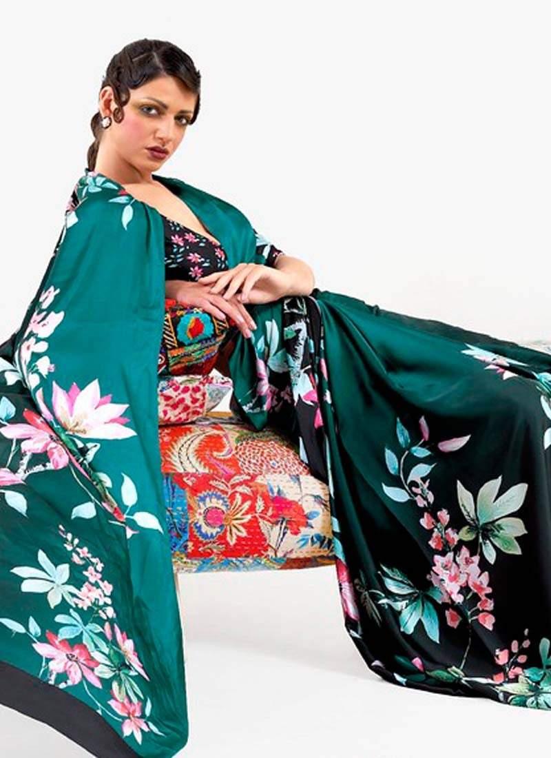 Splendid Look Teal Green Color Crepe Material Printed Floral Saree Best