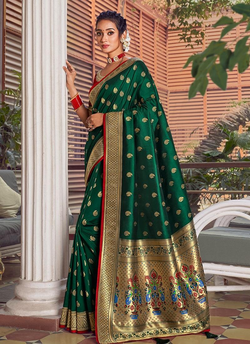 Bottle Green Color Silk Base Half And Half Silk Weave Work Saree Discount Newest