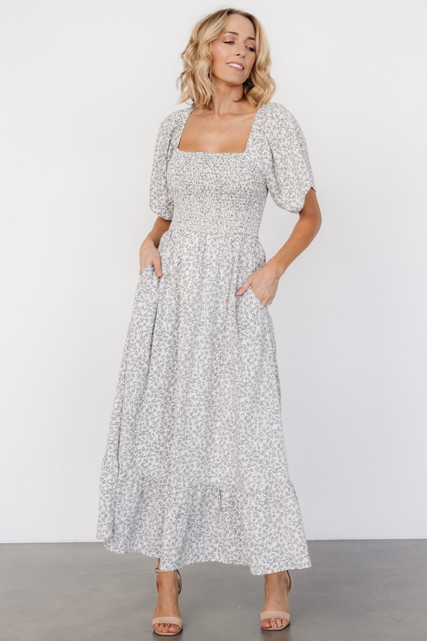 Cassis Smocked Midi Dress | Ivory + Black Floral Sale Geniue Stockist