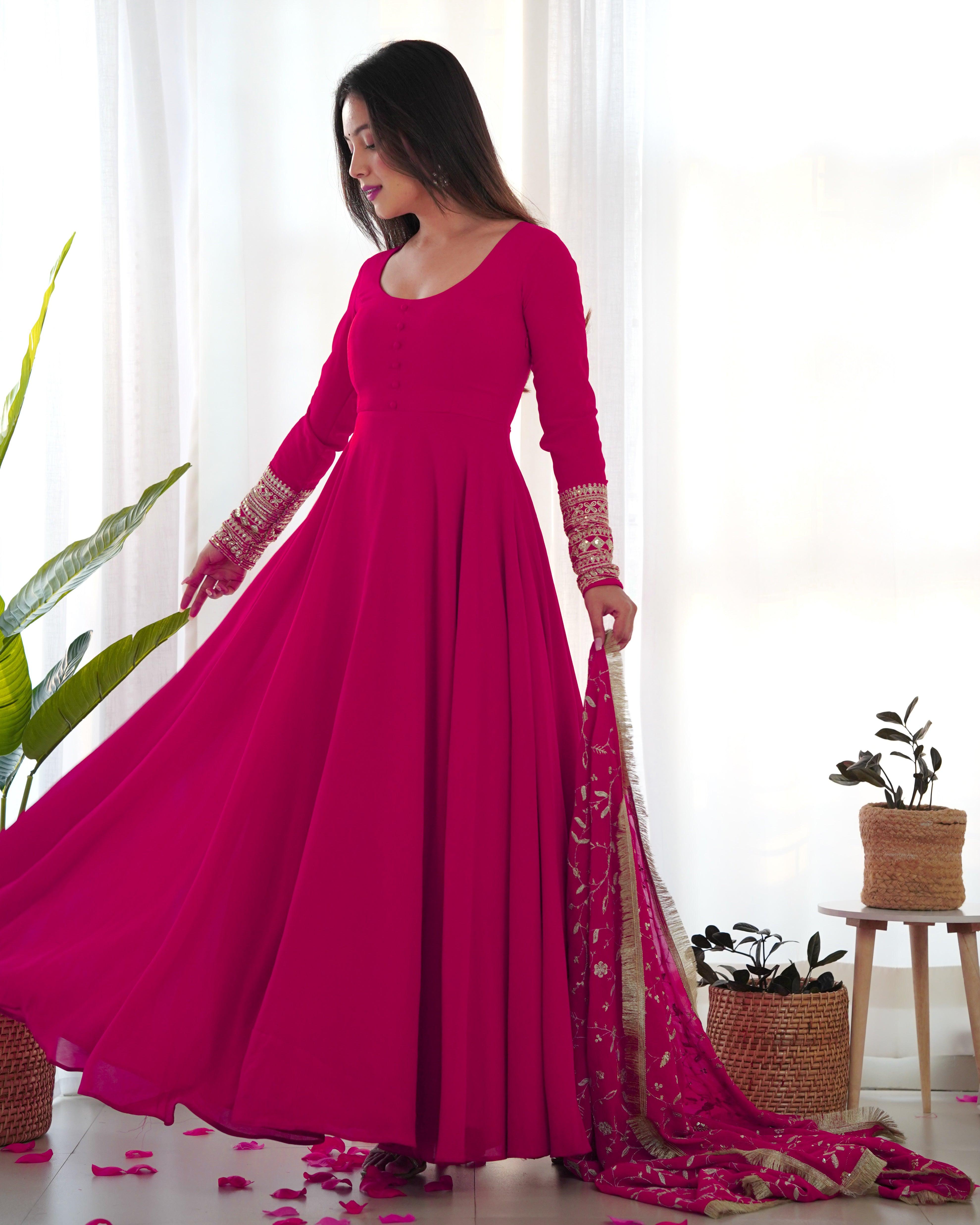 Rani Pink Color Georgette Gown With Dupatta Set Discount Original