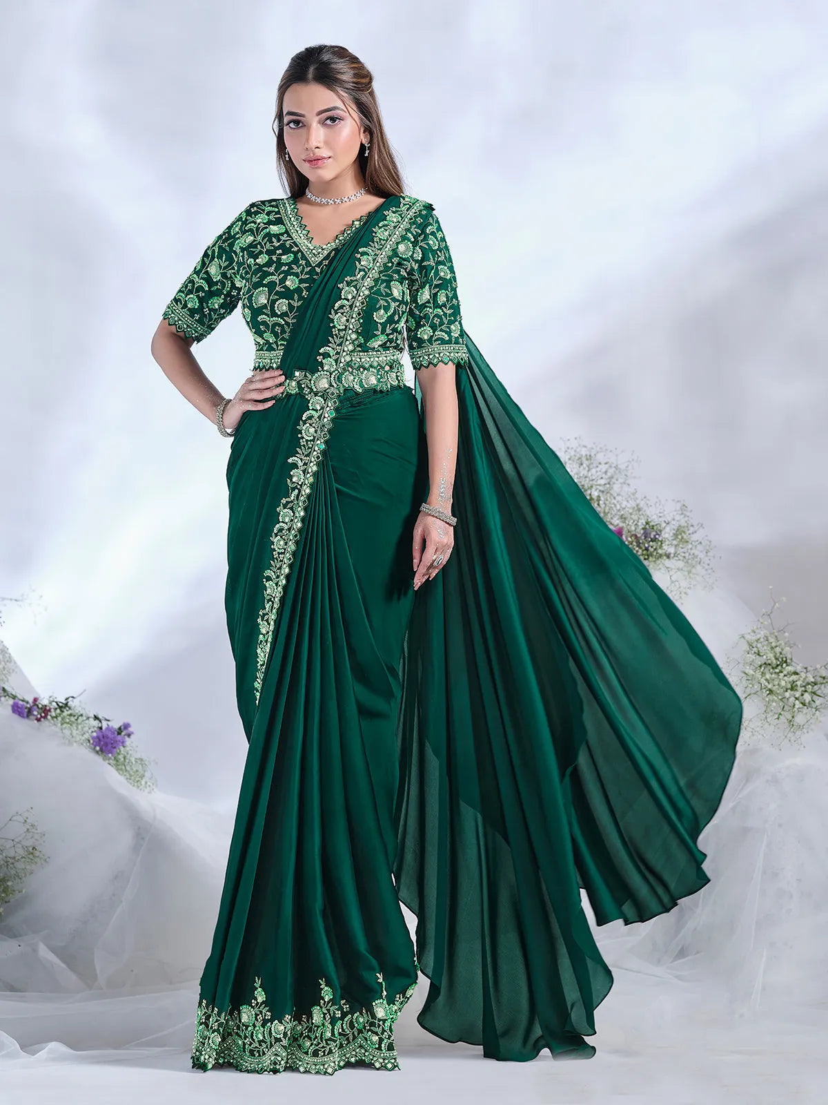 Gorgeous Green Ready To Wear Crepe Satin Silk Saree Sale Visit