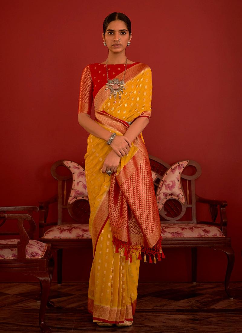 Georgette Base Zari Weaving Yellow Saree Cheap Sale Manchester