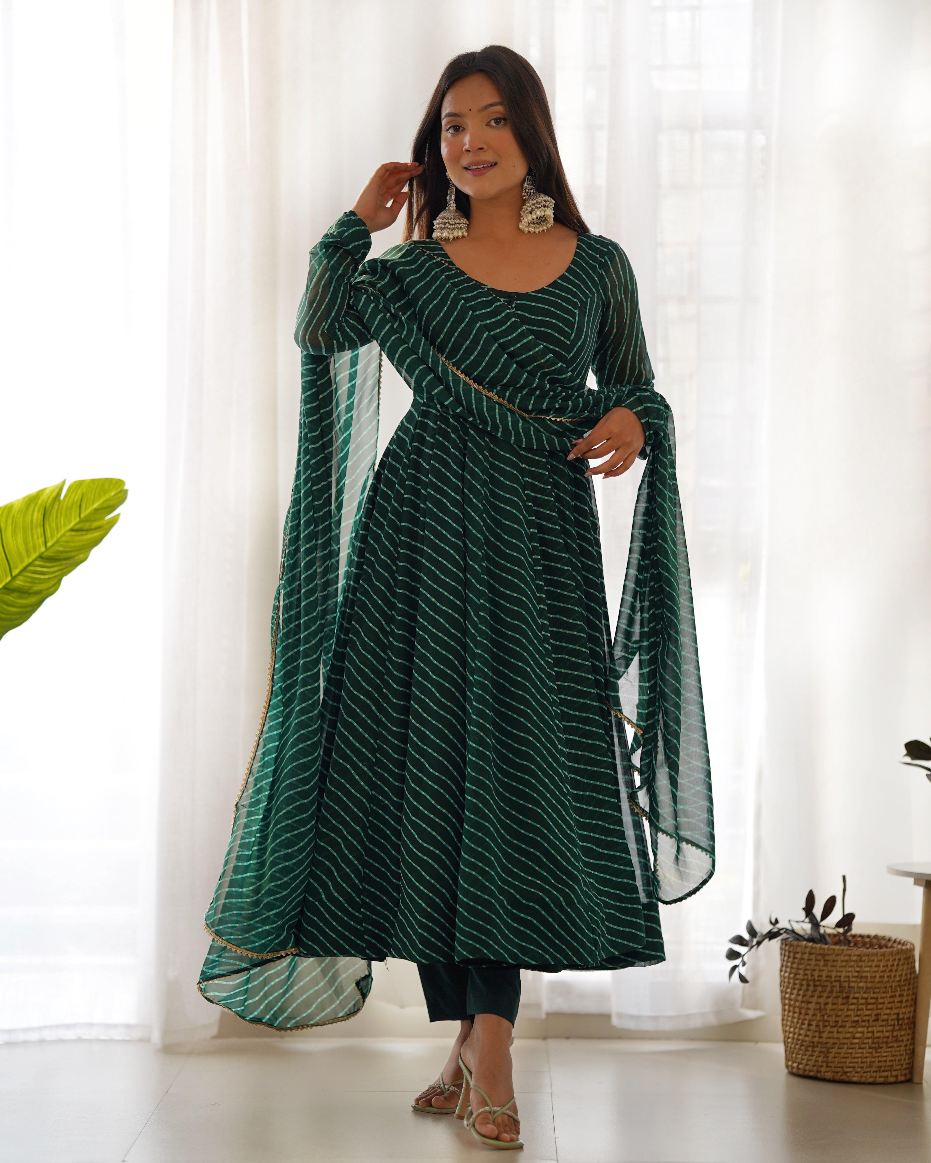 Green color georgette laheriya printed anarkali suit with dupatta Latest Collections Online