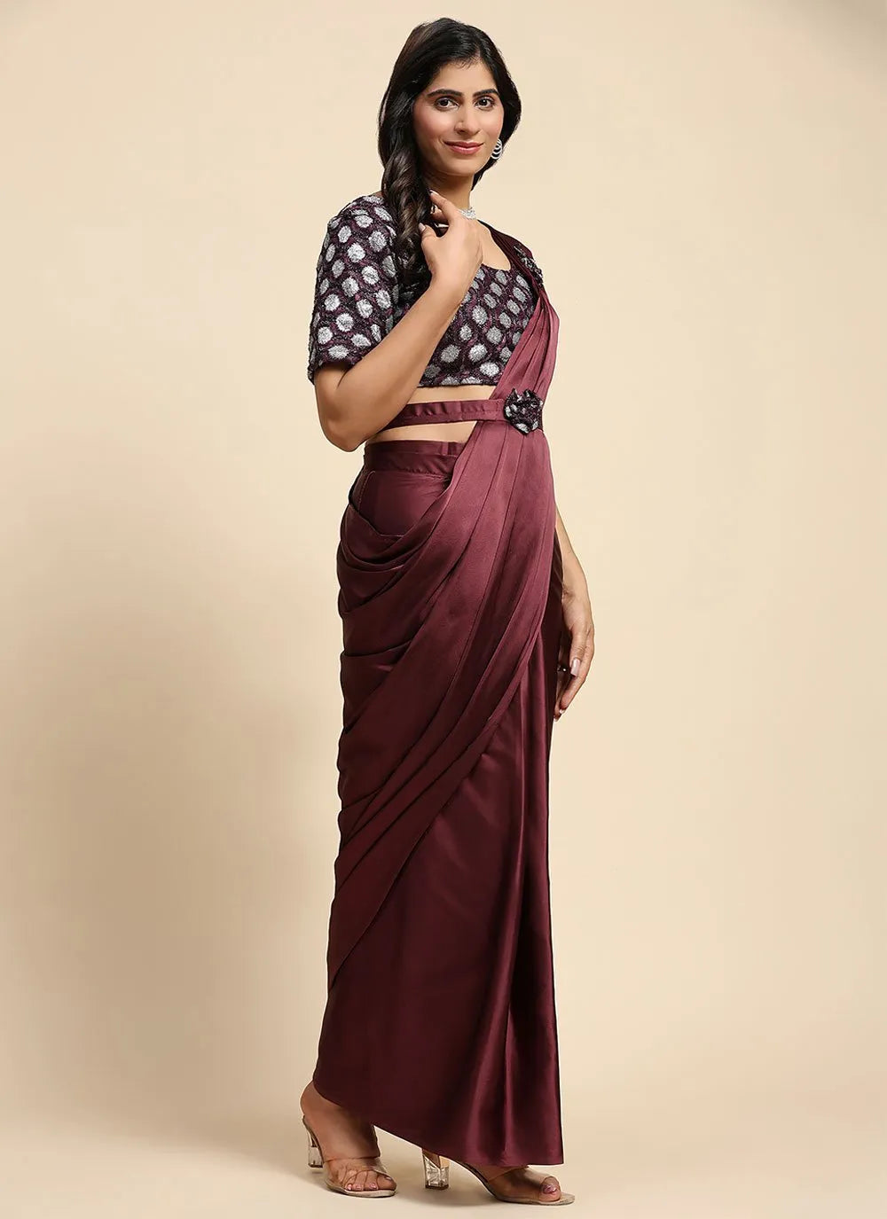 Wine Imported Satin Designer Ready To Wear Partywear Saree Cheap Sale Cost