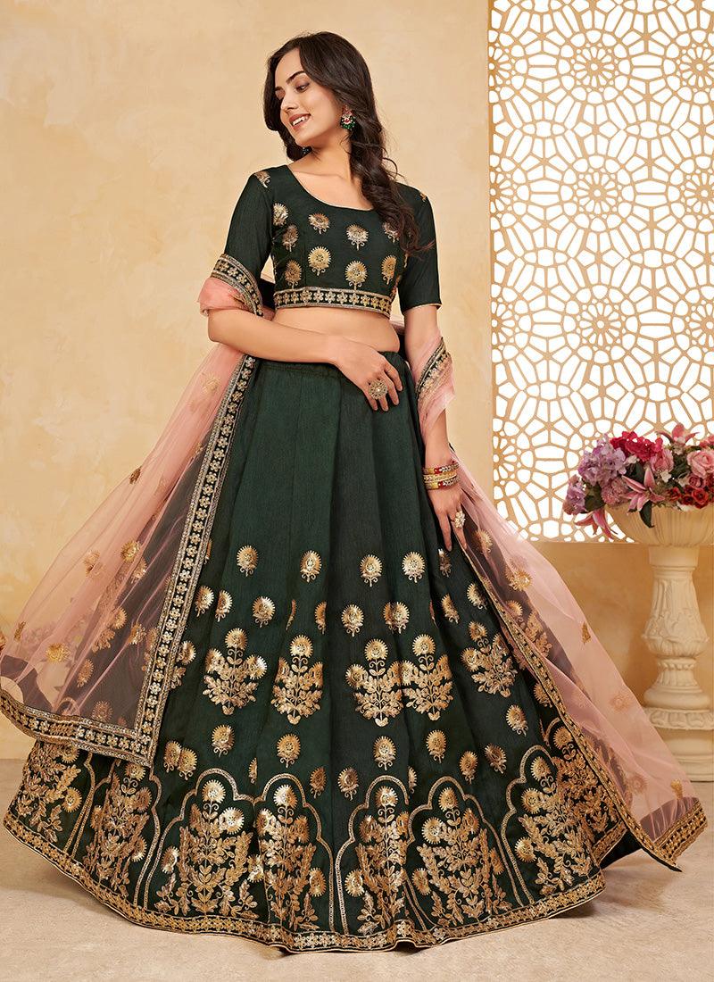 Dark Green Sequins Flared Chaniya Choli Cheap Pice For Sale