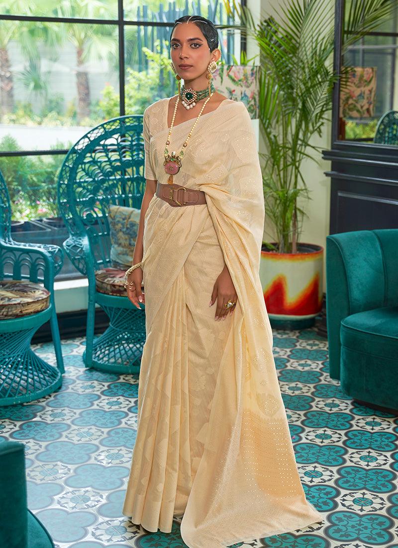 Plunging Neckline Blouse With Cream Saree Clearance Fast Delivery