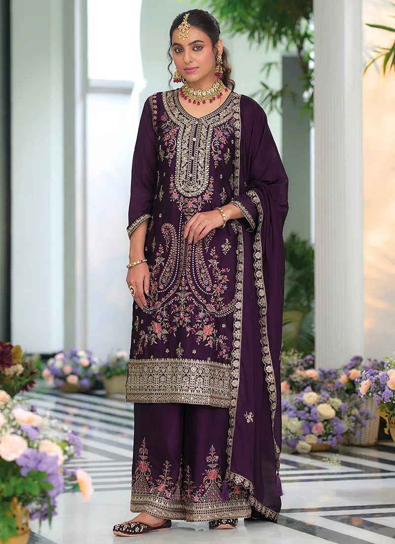 Dazzling Deep Purple Embroidered Traditional Palazzo Suit Fashion Style Online