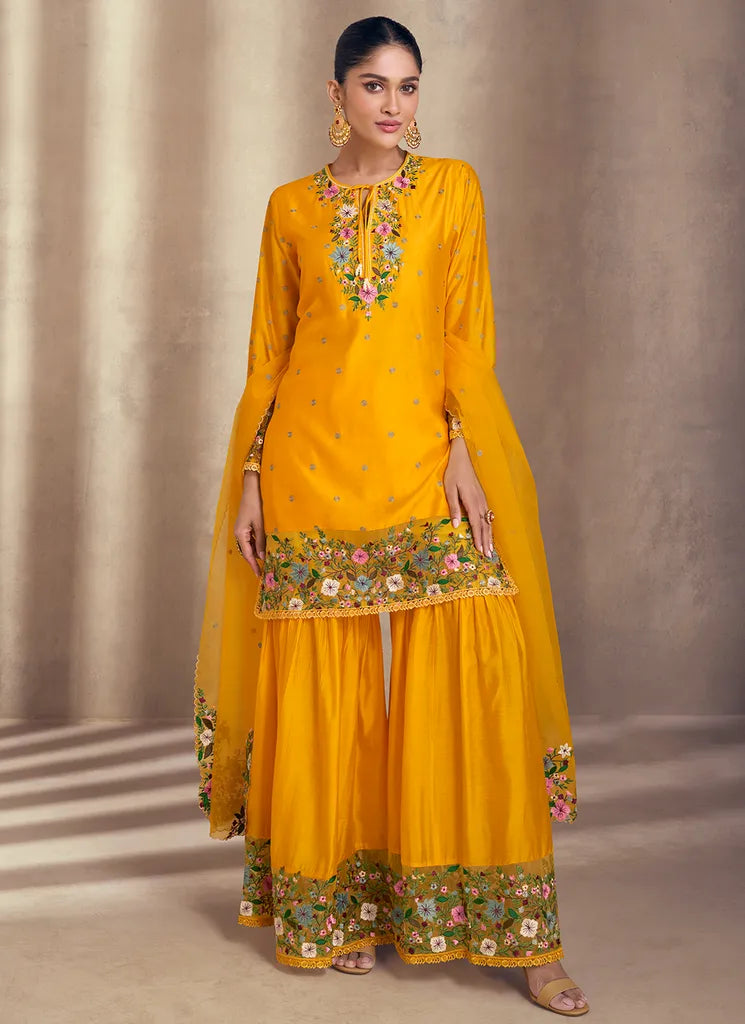 Designer Yellow Viscose Jacquard Silk Sharara Suit for Festive Wear Sale Top Quality