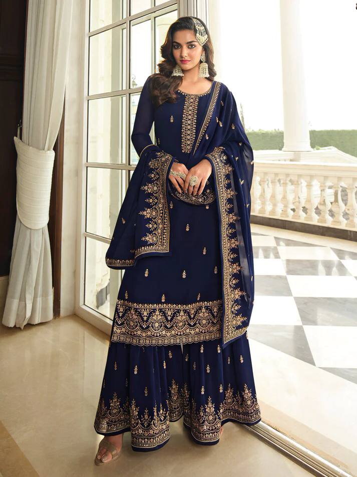 Heartwarming Navy Blue Faux Georgette Embroidered Sharara Suit Clearance Pirce Sale