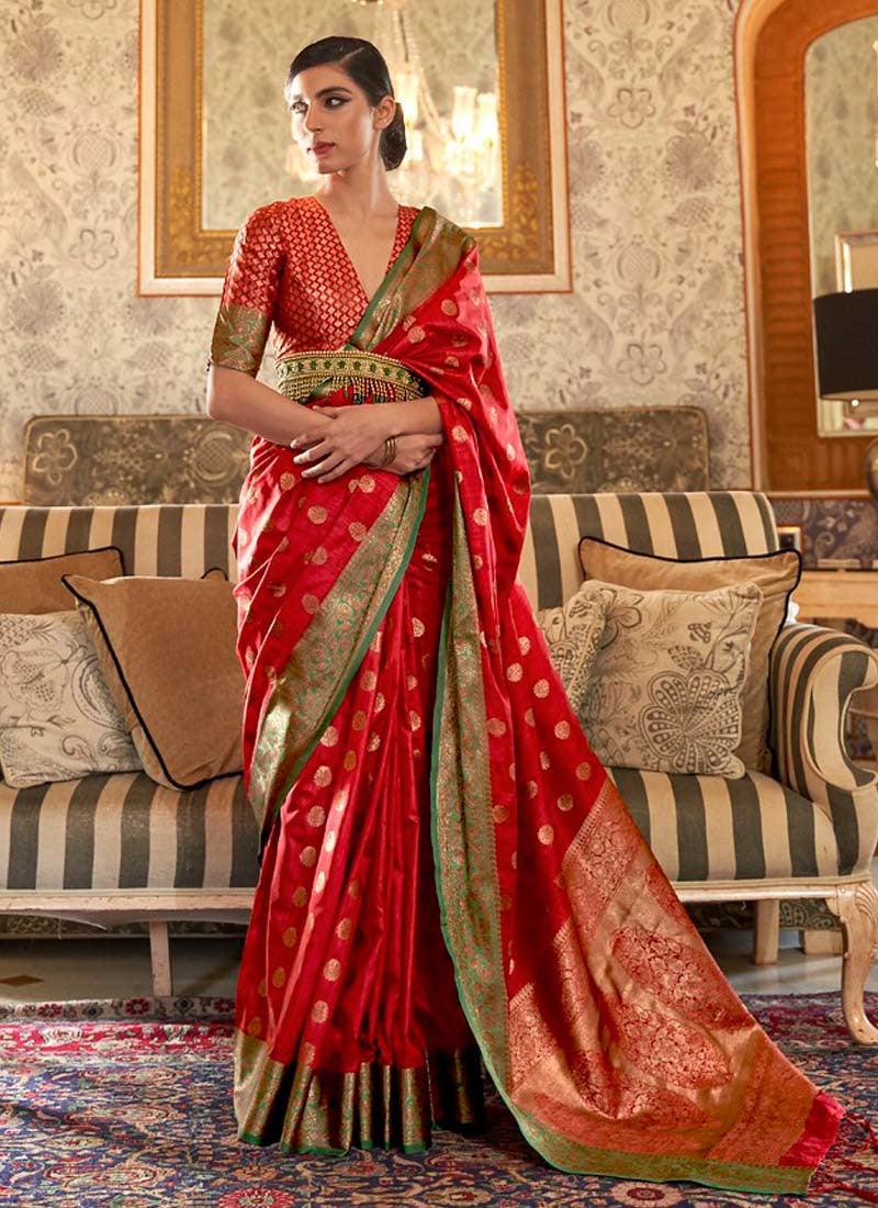 Rich Look Red Color Silk Weave Traditional Saree Discount Low Pice