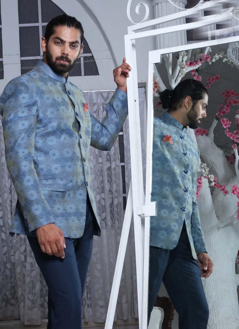 Fabulous Sky Blue Color Regular Fit Cotton Fabric Printed Jodhpuri Suit For Sale 2025