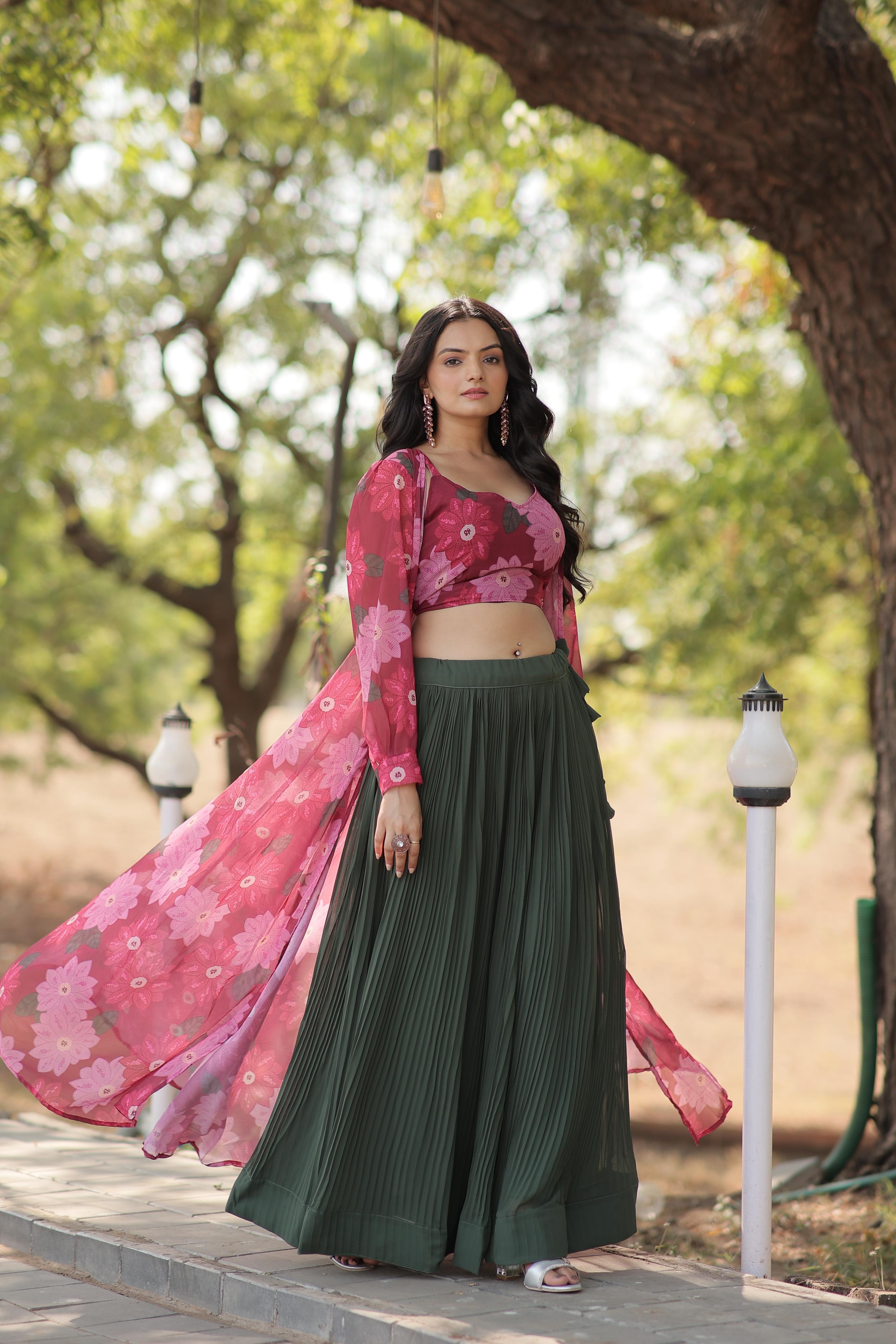 Stylish Crush Pleated Lehenga Choli Set With Floral Shrug Sale Low Shipping Fee