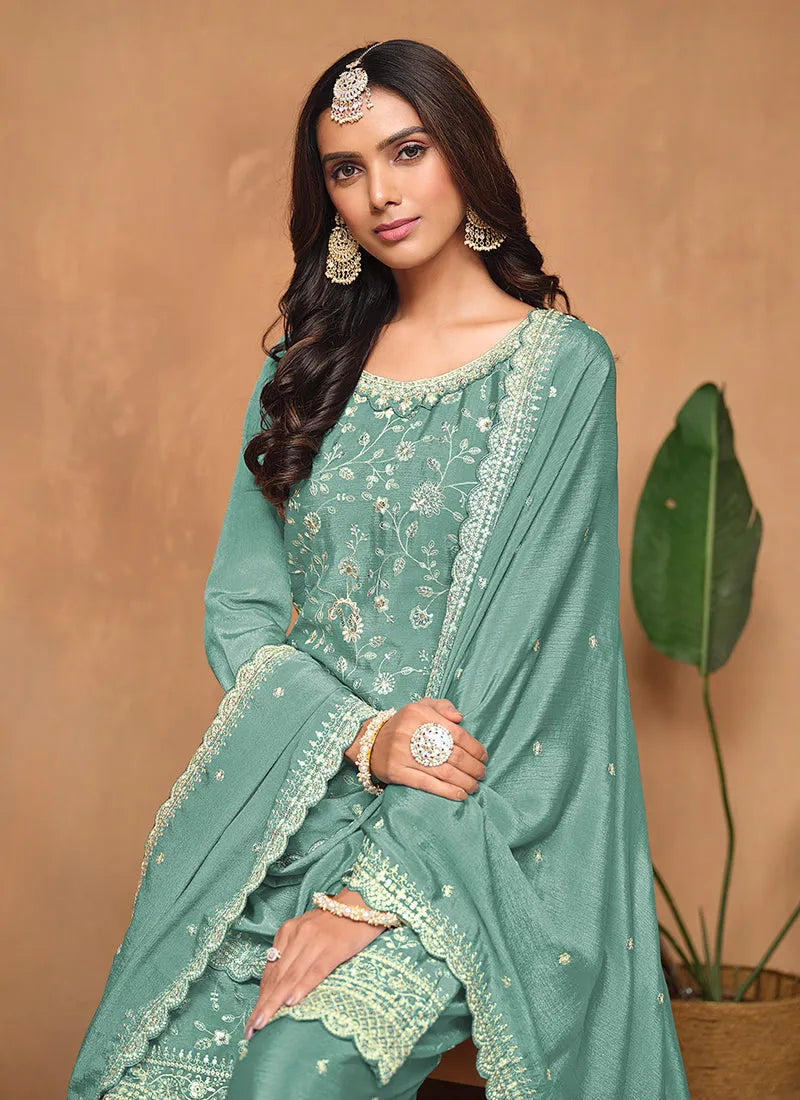 Teal Blue Chinon Festival Wear Top Palazzo Suit Recommend Cheap Pice