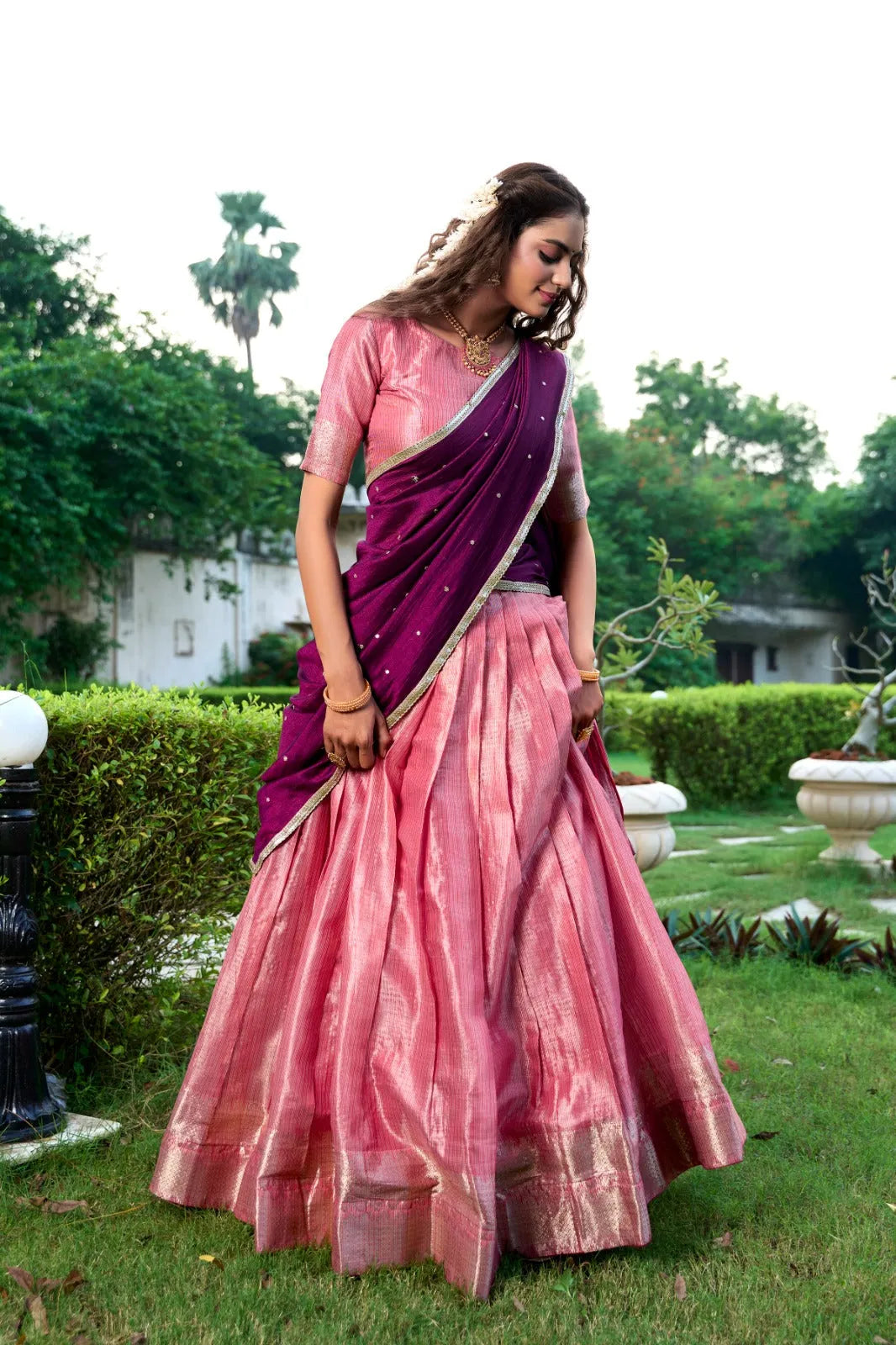 Fiery Kanchipuram Zari Weaved Pink Lehenga Choli Set Sale With Paypal