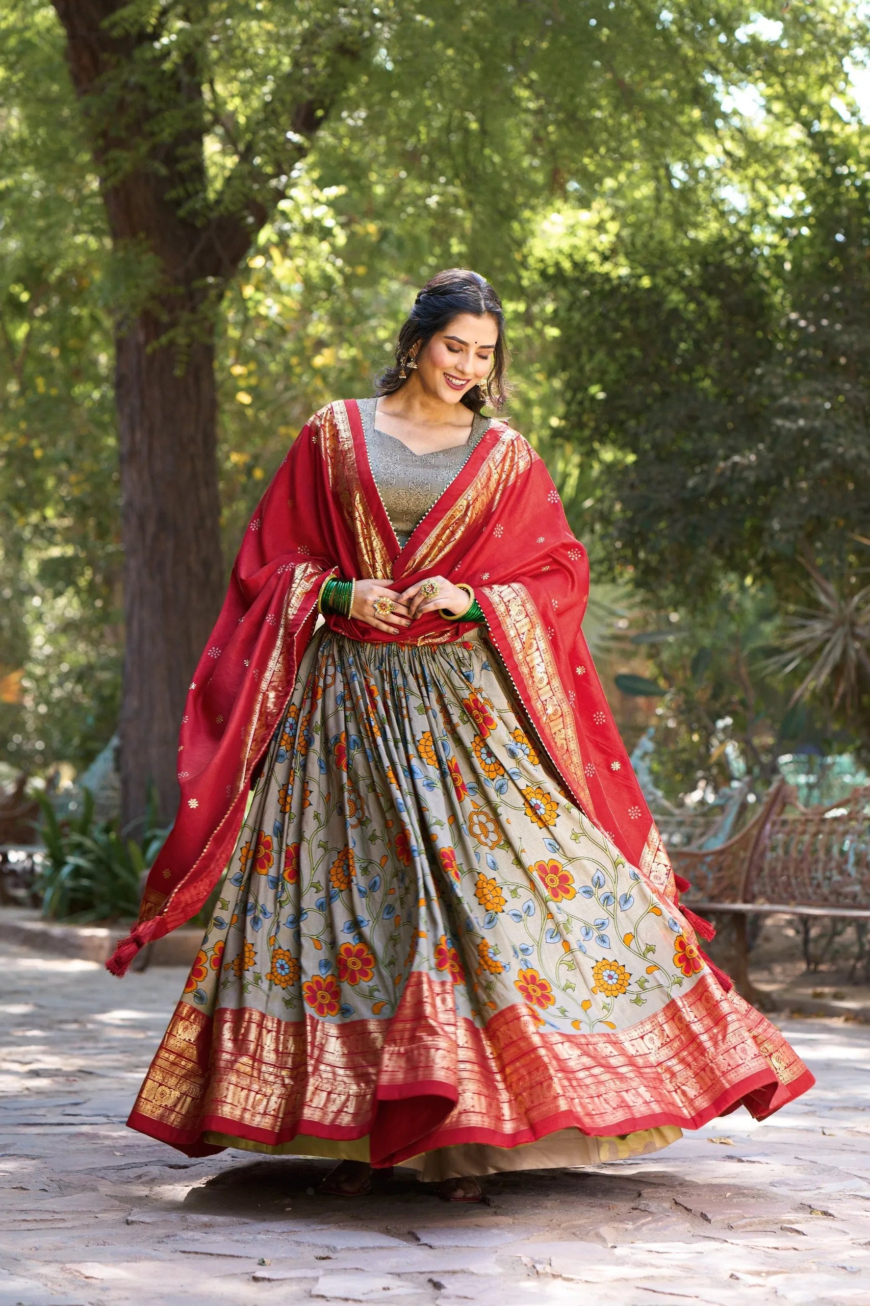 Fabulous Gray Tussar Silk Kalamkari Printed Foil Worked Lehenga Choli Clearance Factory Outlet