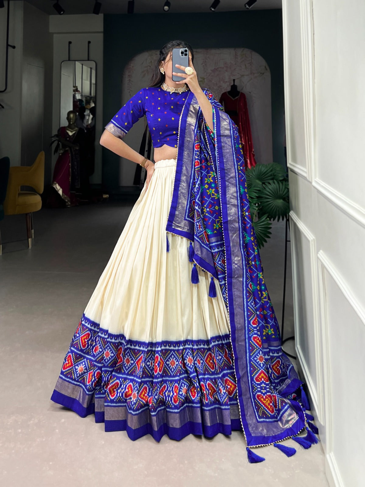 Elegant Royal Blue Patola Printed Tussar Silk Lehenga Choli Buy Cheap Manchester