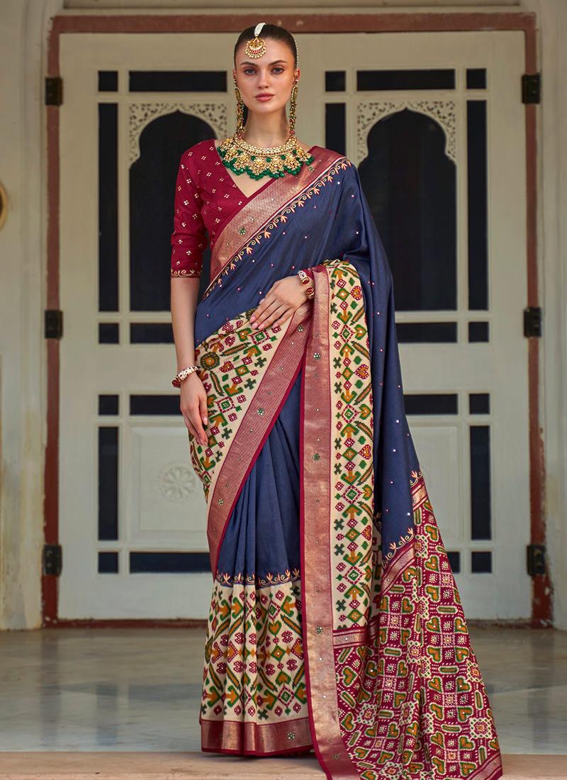 Navy Blue Foil Work Patola Silk Saree Free Shipping Cheap Pice