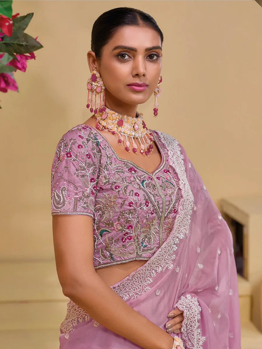 Magical Pink Banarasi Silk Embroidered Saree Lowest Pice