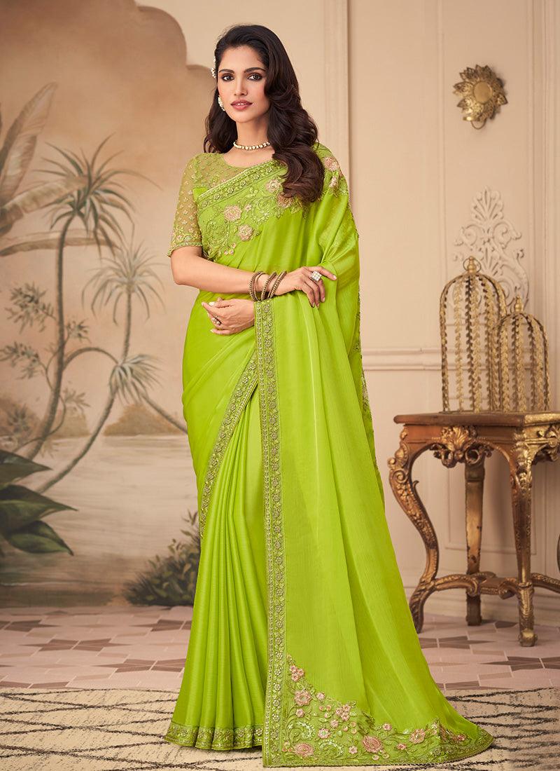 Lime Green Color Silk Base Thread Work Saree With Fancy Blouse Buy Cheap How Much