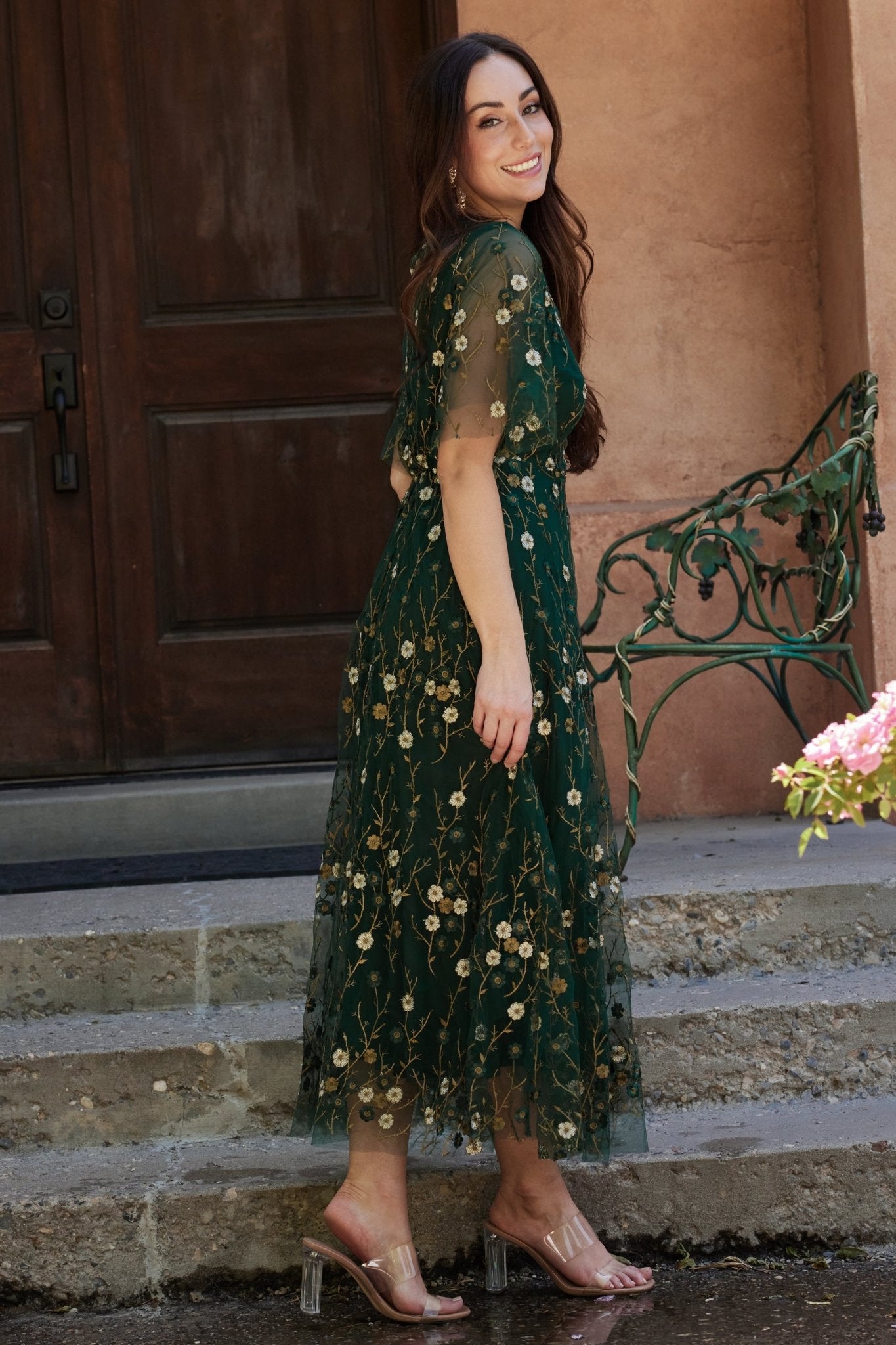 Arabella Embroidered Tulle Maxi Dress | Dark Green Floral Outlet Newest