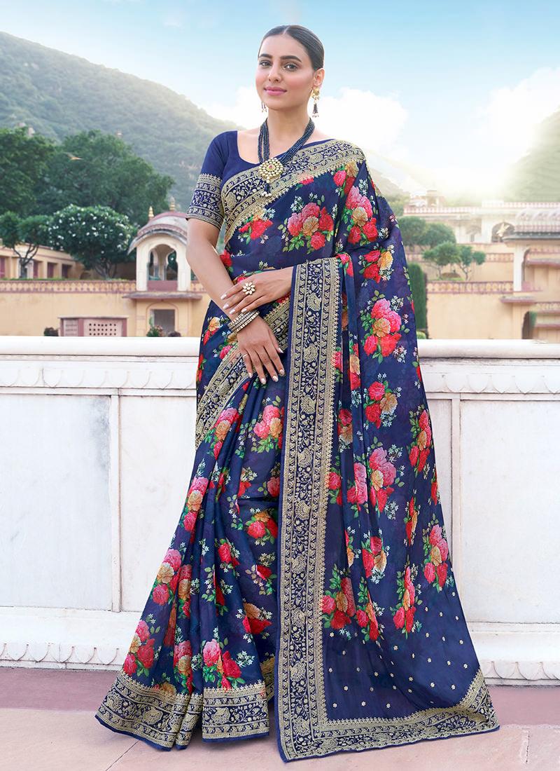 Embroidered Blue Organza Floral Saree Sale With Credit Card