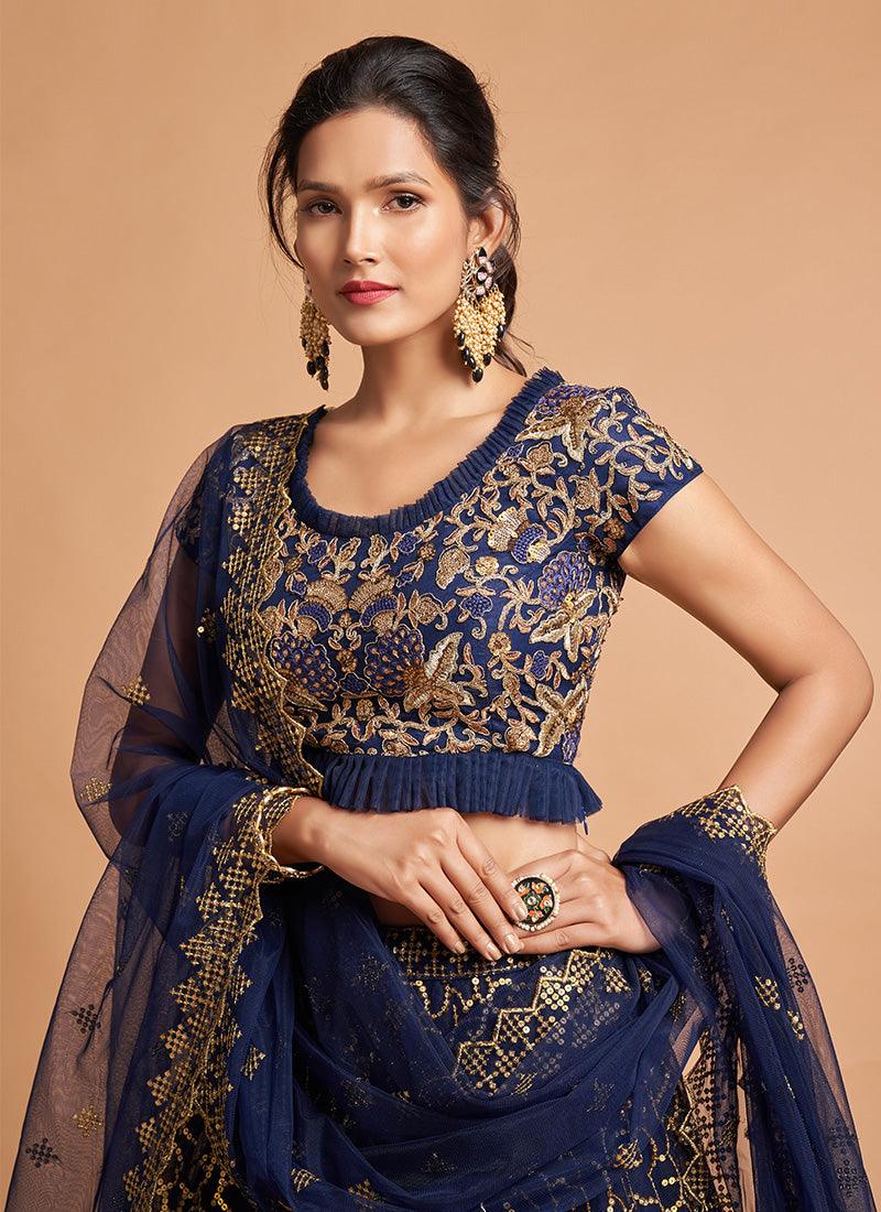 Soft Net Base Navy Blue Lehenga Choli With Heavy Sequins And Zari Work Sale Wholesale Pice