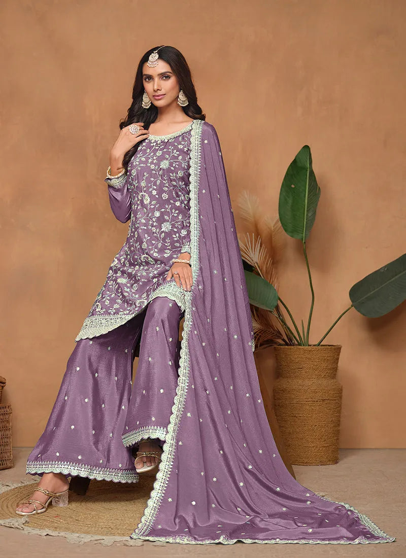 Purple Sequins Embroidered Chinon Festival Wear Top Palazzo Suit Best Place Sale Online