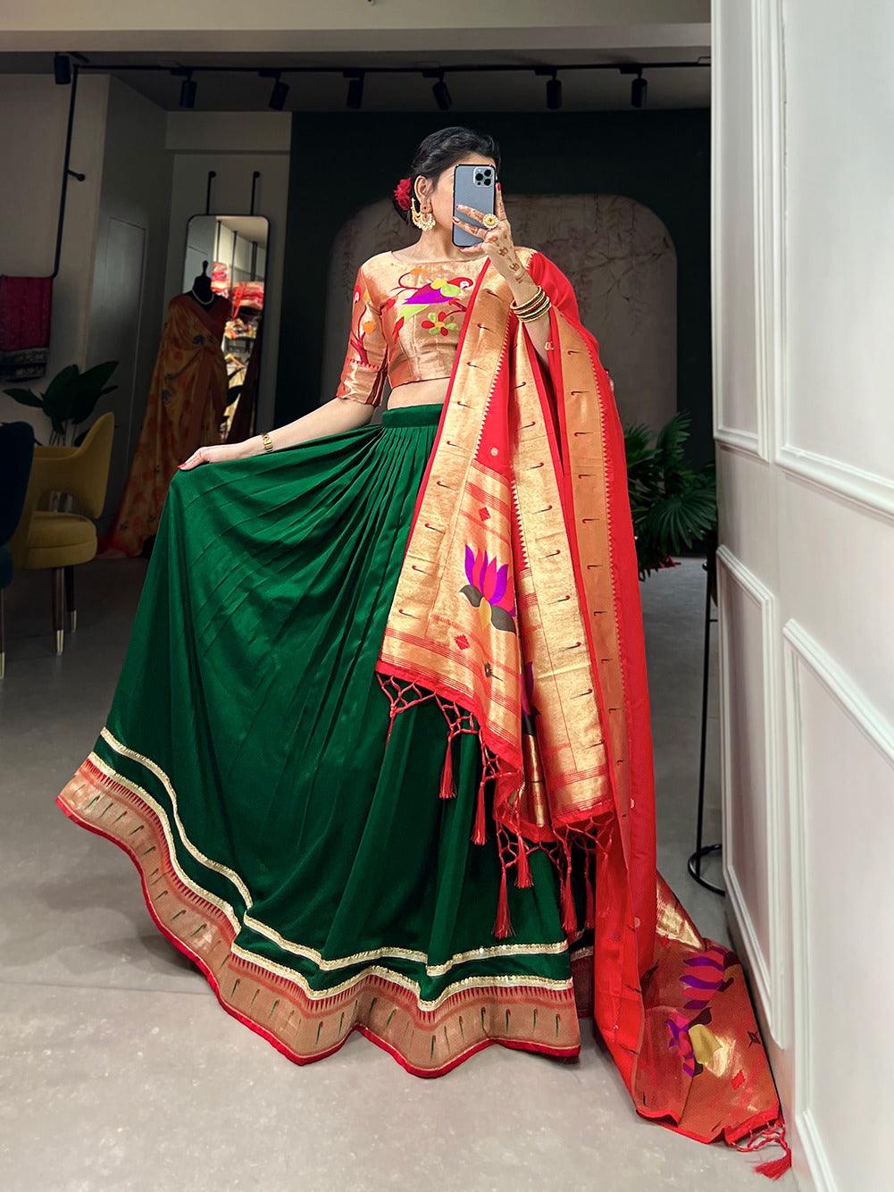 Green Vichitra Silk Paithani Lace Border Worked Lehenga Set Exclusive Online