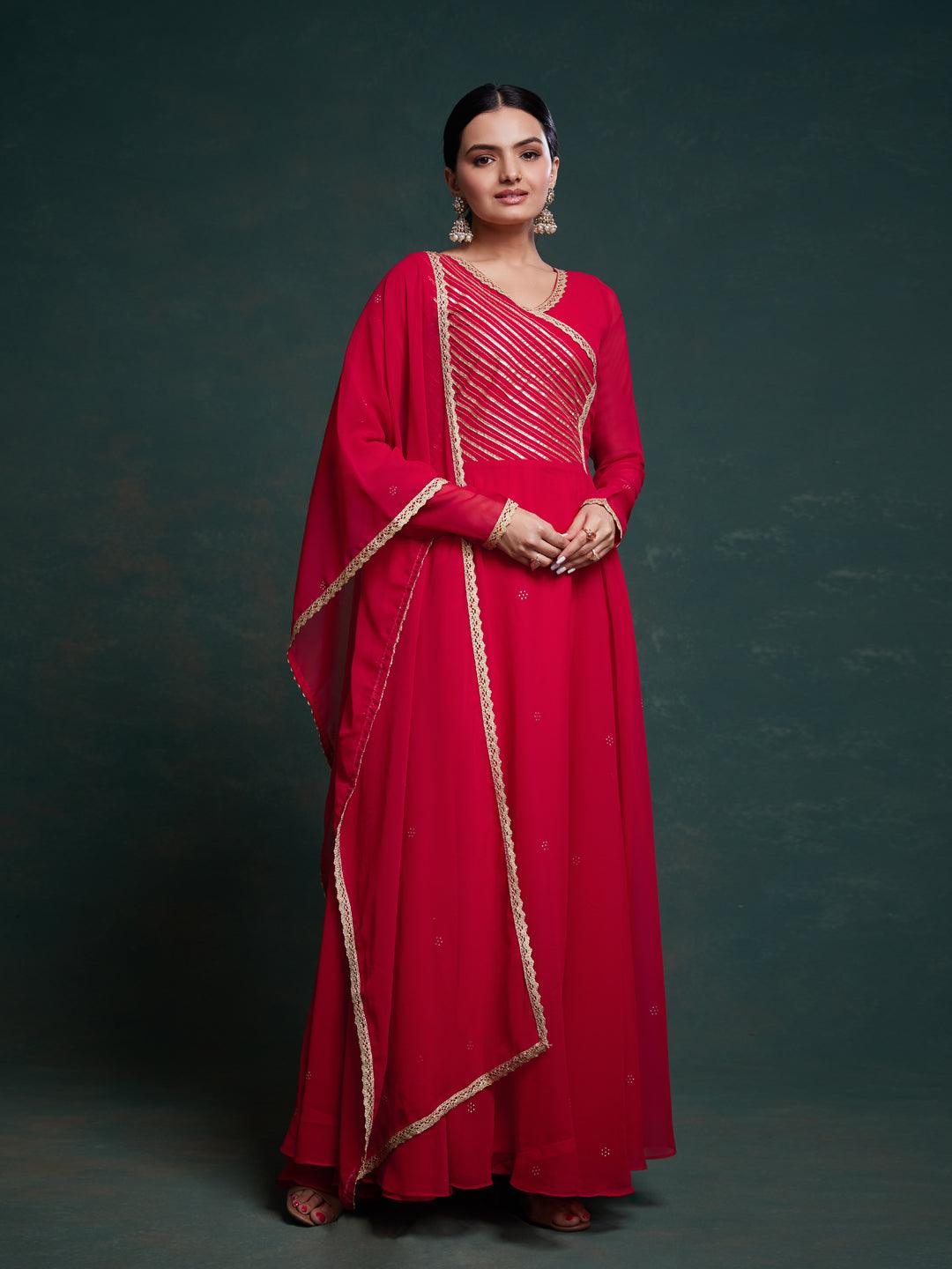 Red color gotta patti gown with dupatta Low Shipping Fee Online