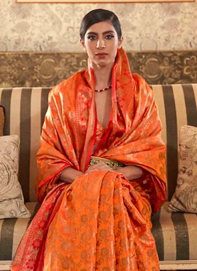 Organic Orange Color Silk Weave Traditional Saree Buy Cheap Manchester Great Sale