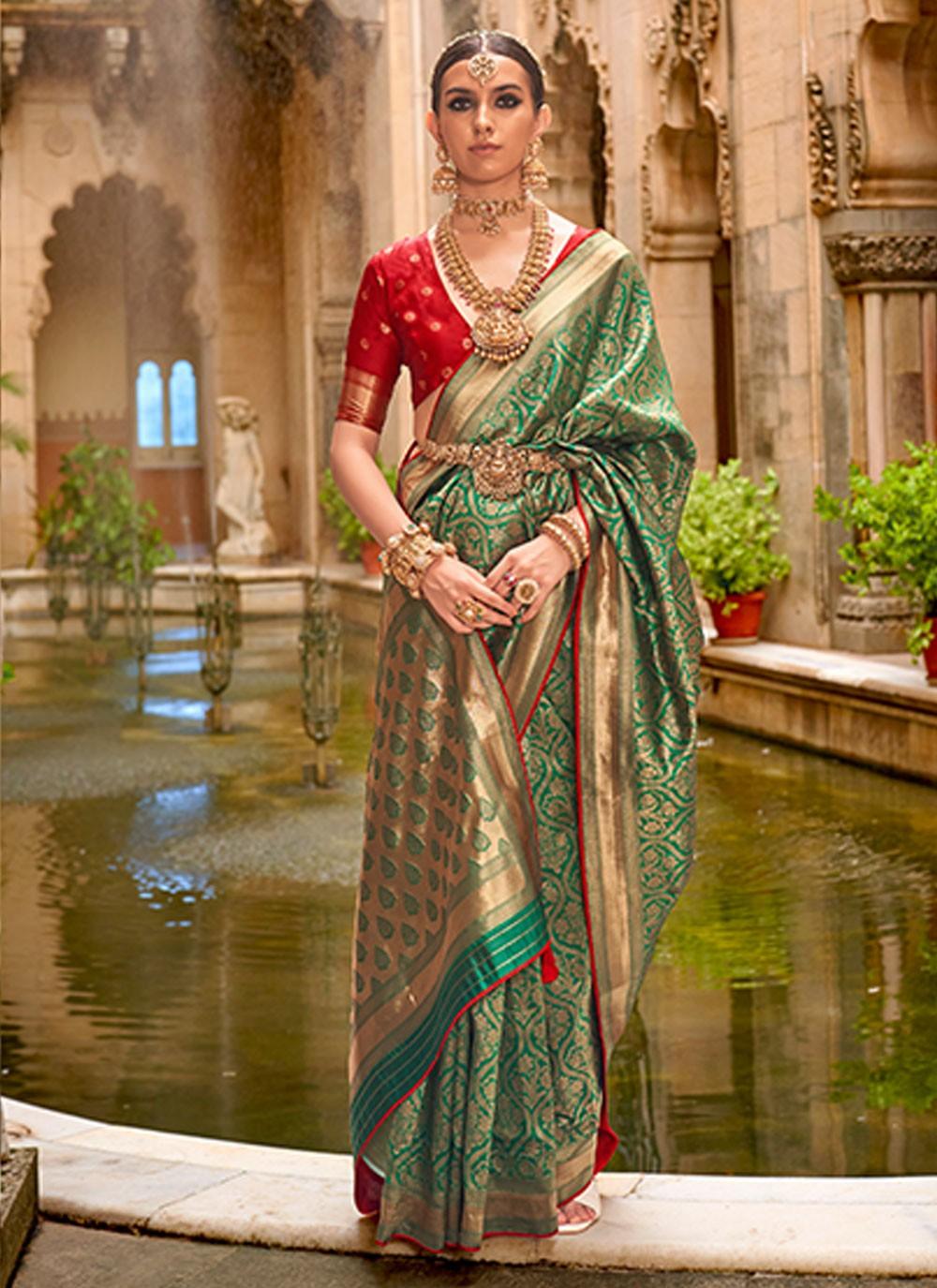 Dark Green Banarasi Silk Jacquard Weaving Classic Saree Cheap Wide Range Of