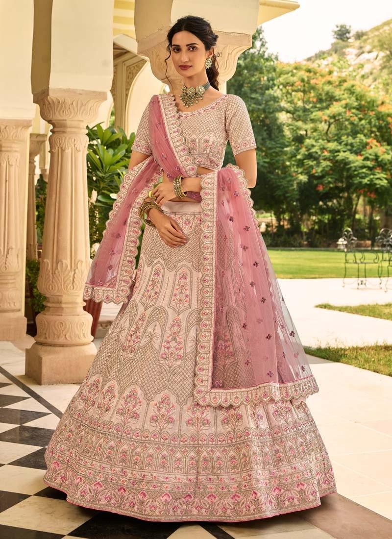 Sumptuous Stone And Zari Work Peach Color Crepe Fabric Lehenga Choli Cheap Lowest Pice