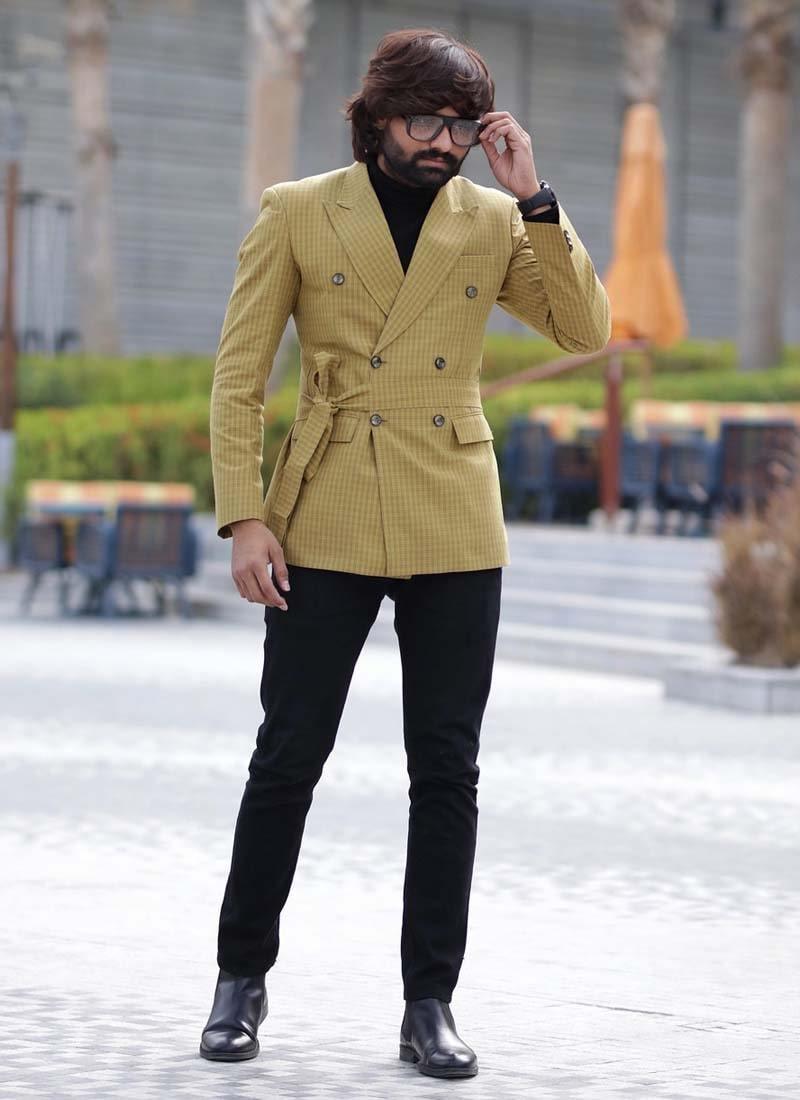 Double Breasted Yellow Color Peak Lapel Collar Structured Fit Blazer Low Cost Cheap Online