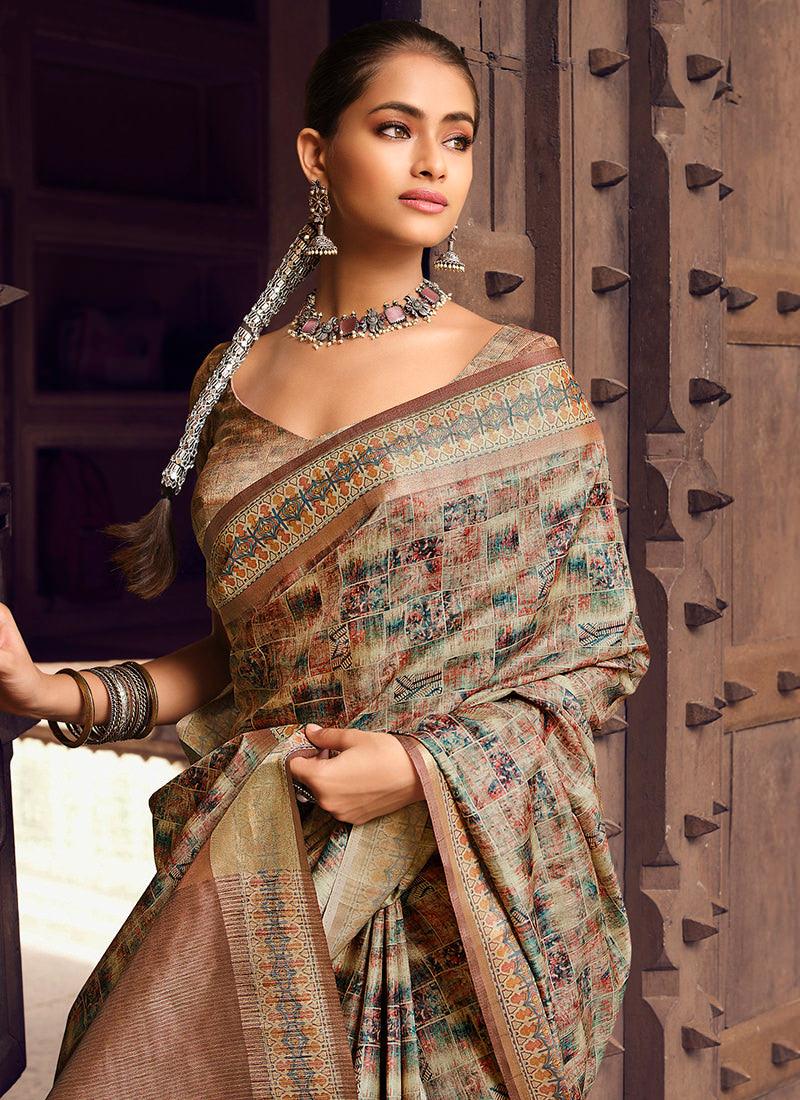 Digital Print Beige Textured Silk Saree Buy Cheap Wide Range Of