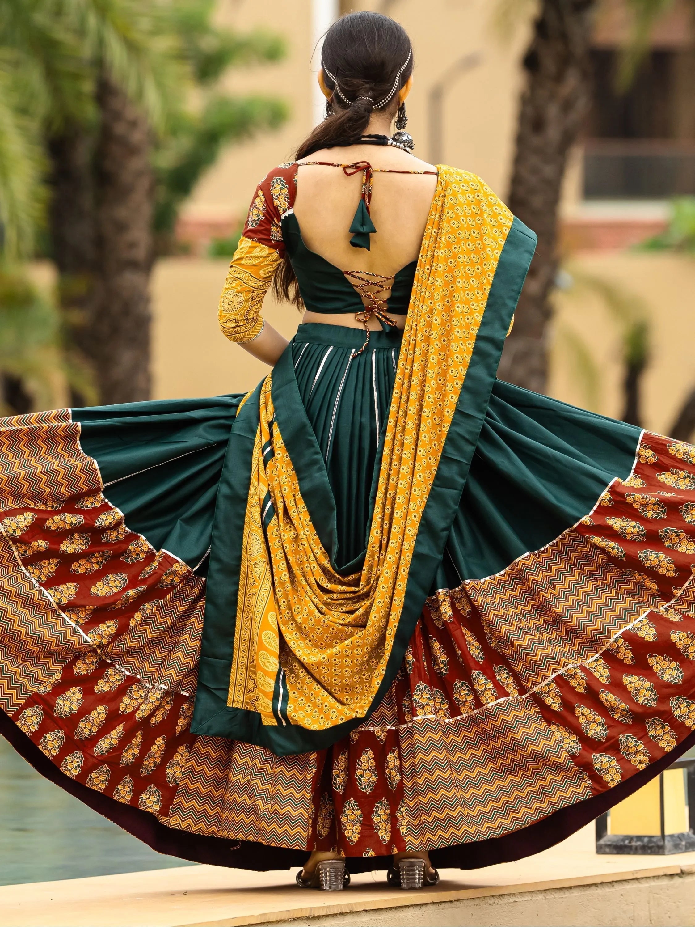 Dark Green Cotton Flared Rajwadi Navratri  Lehenga Choli Discount Ebay