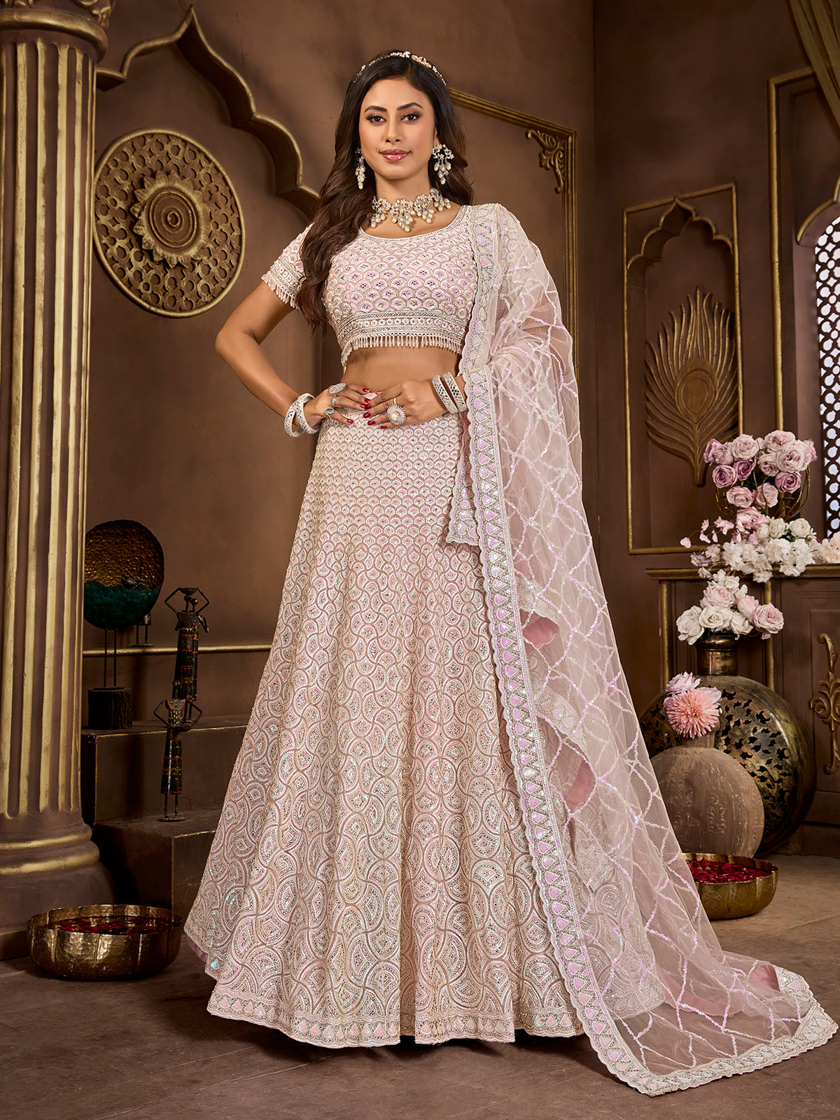 Stunning and Premium Net Baby Pink Bridal Lehenga Choli With Credit Card For Sale