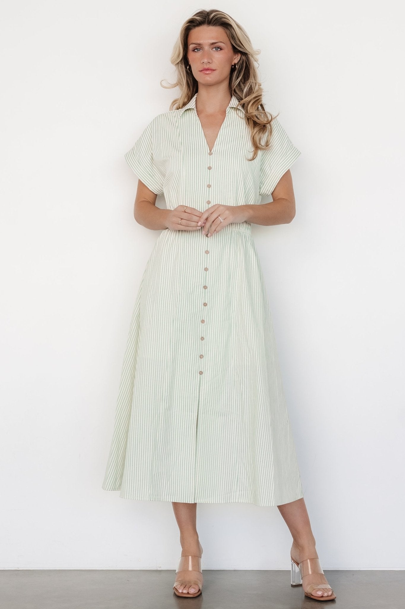 Larah Button Dress | Sage Stripe Sale Affordable