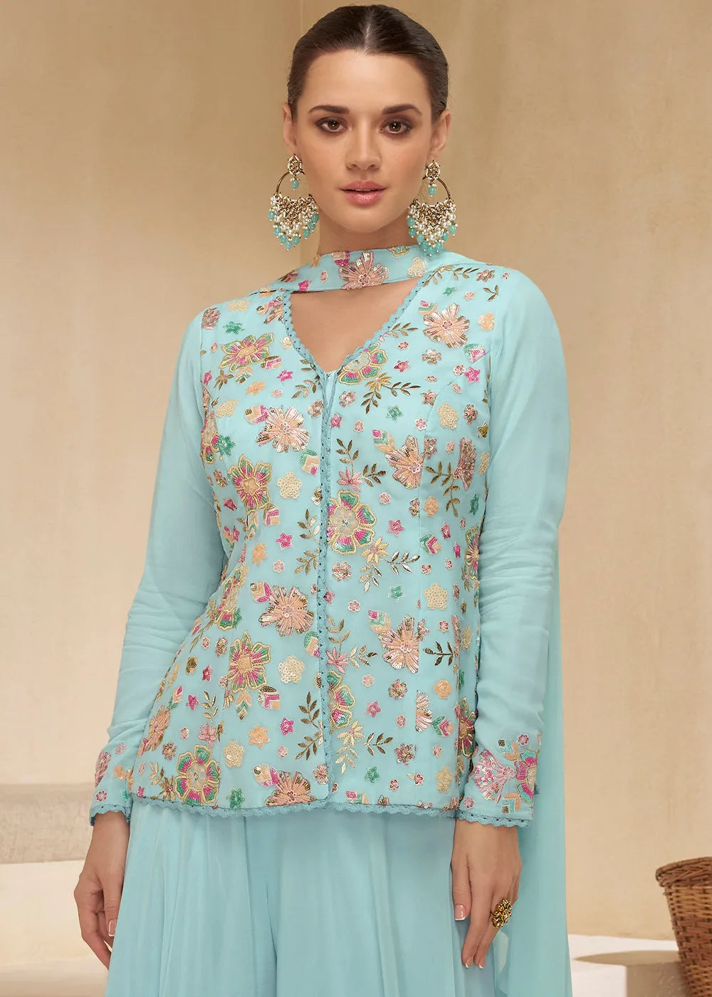 Sky Blue Pure Georgette Floral Embroidered Top Palazzo Suit Free Shipping Huge Surprise