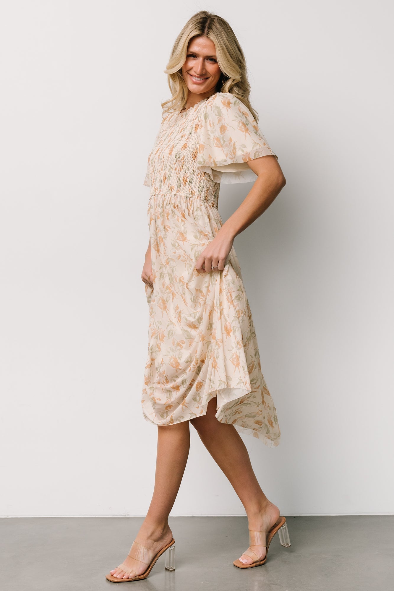 Bailey Smocked Midi Dress | Ivory + Golden Floral Tumblr Cheap Pice