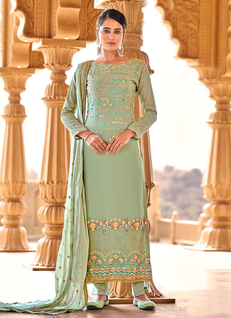 Green Color Sequins Work Full Sleeves Straight Salwar Suit Free Shipping With Paypal