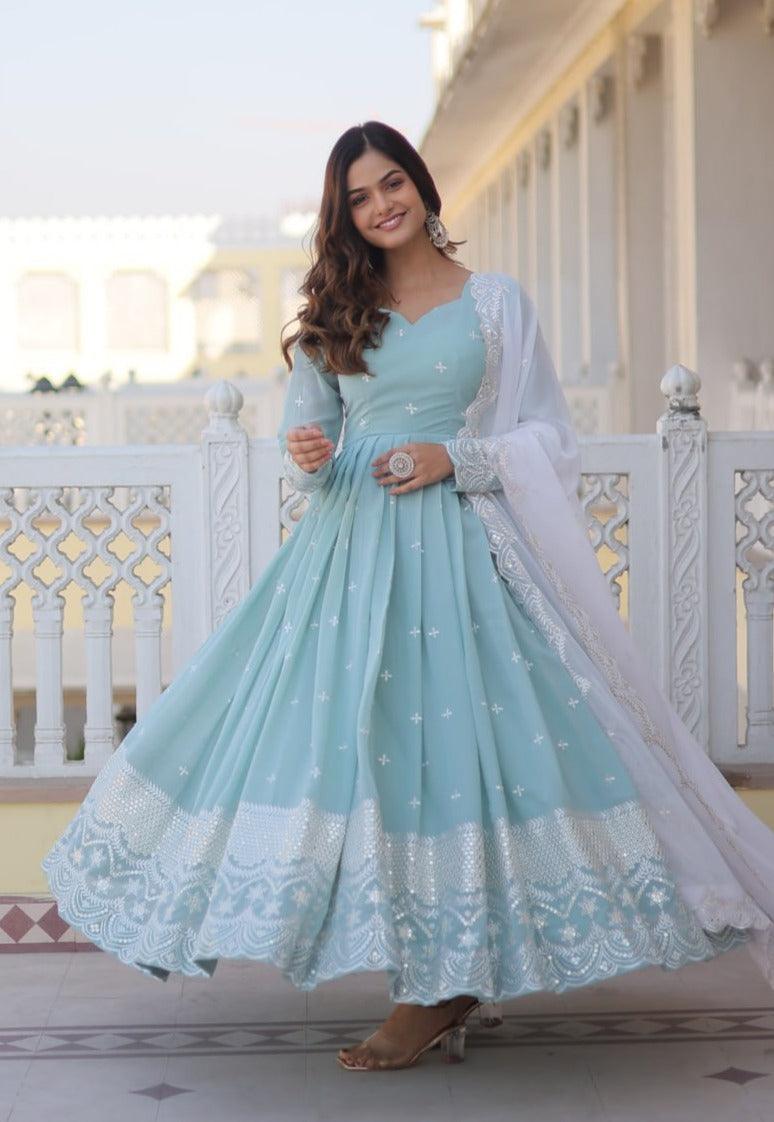 Sky Blue Faux Georgette Thread Sequins Embroidered Gown Cheap Sale Latest Collections