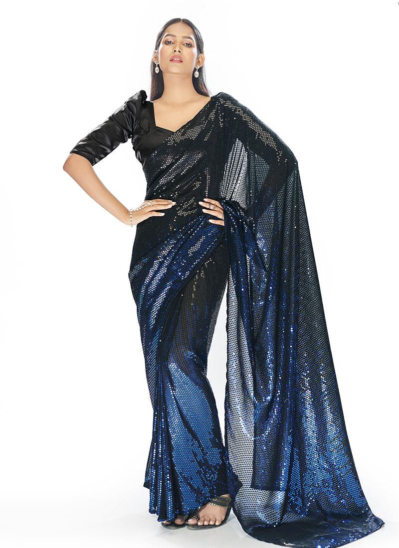 Blue Heavy Sequins Partywear Saree Choice Online