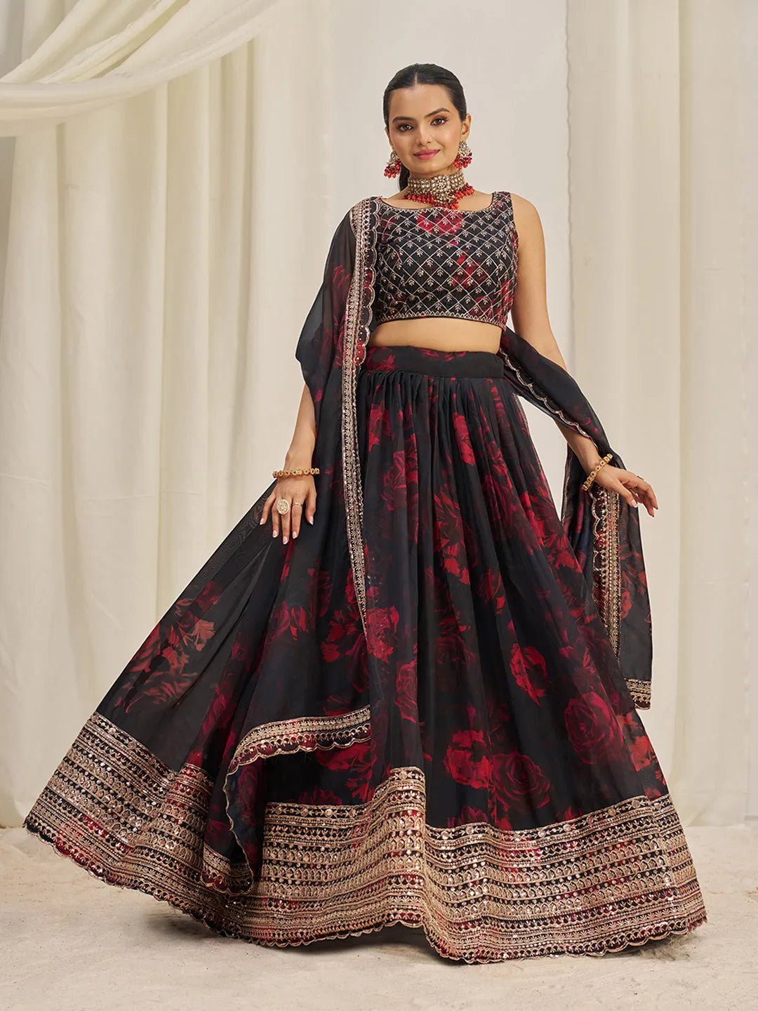 Black Organza Zari Dori Sequins Floral Lehenga Choli Set Grey Outlet Store Online