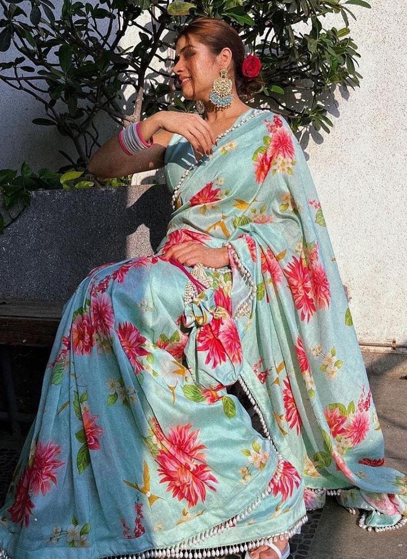 Turquoise Color Satin Material V-Neck Blouse Printed Saree Online