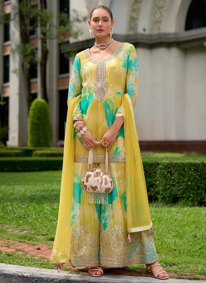 Designer Yellow Multicolored Embroidered and Printed Palazzo Suit Manchester Great Sale Online