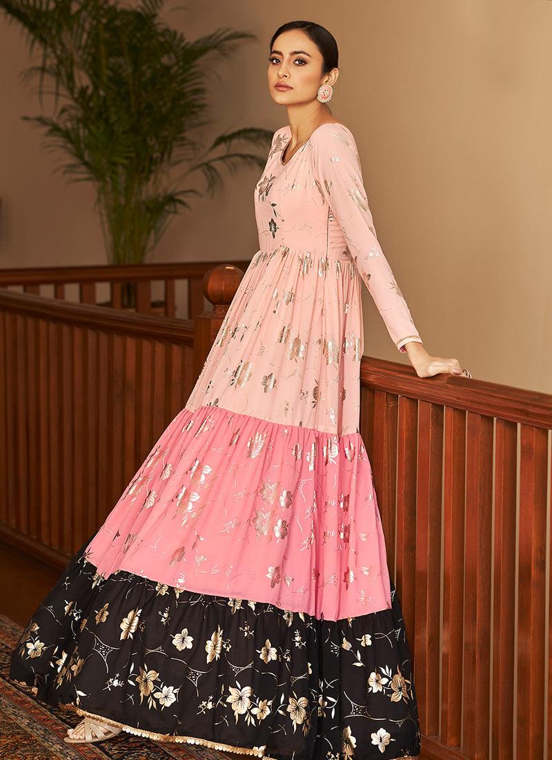 Pink Color Georgette Base Designer Gown With Metallic Foil Work Discount The Cheapest