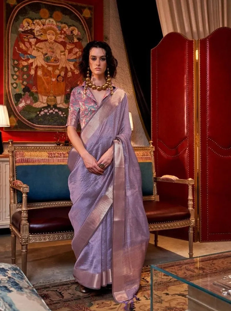 Luminous Chiffon Hand Weaved Lavender Classic Saree Cheap Official